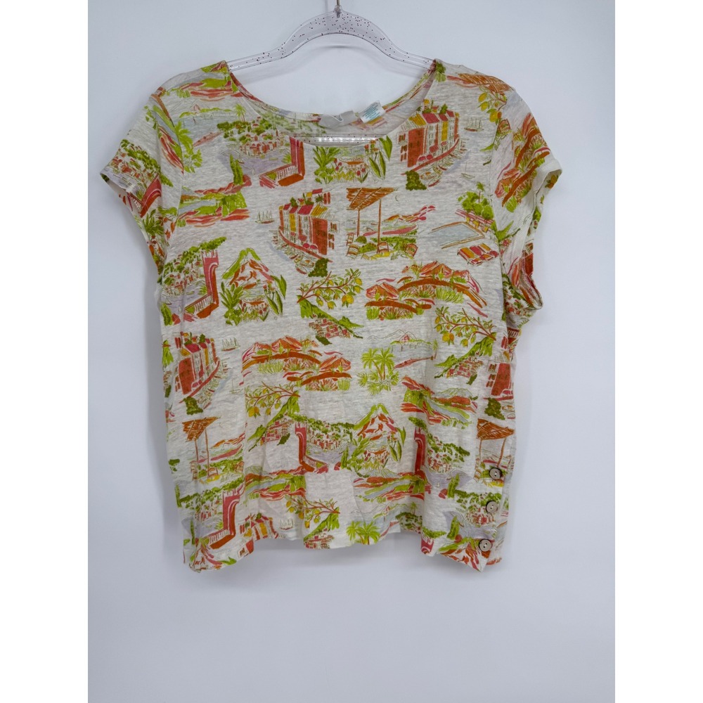 Cynthia Rowley Womens Sz XL 100% Linen Knit Top Mediterranean Landscape Print